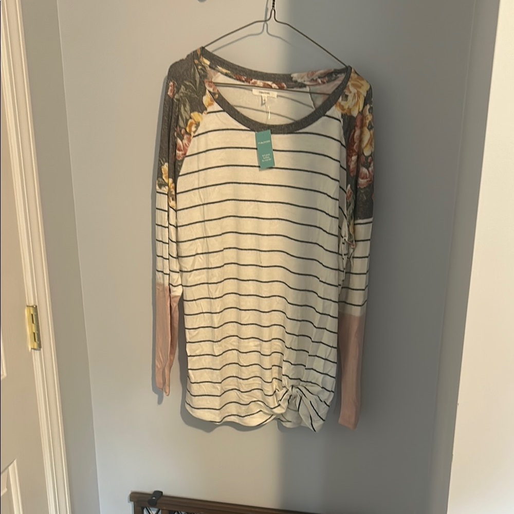 Floral Sleeve Striped Women's Top